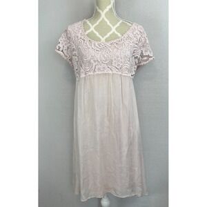 Made in Italy Silk Chiffon Lace Dress Size 1XL Soft Blush Pink Empire Waist Knee